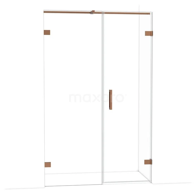 Glas Duschkabine mit kupferfarbenen Akzenten, Schiebetürdesign und rostfreien Details, ideal für moderne Bäder.