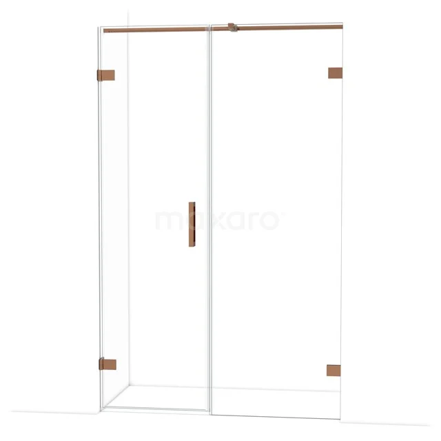 Glazen douchecabine met koperkleurige accenten, schuifdeurdesign en roestvrijstalen details, ideaal voor moderne badkamers.