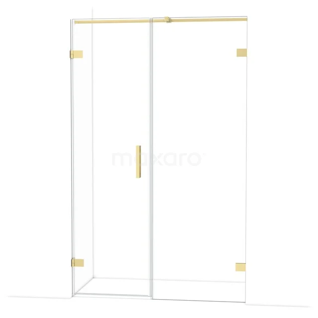 Glazen douchedeur met goudkleurige scharnieren en handgreep, modern design, ideaal als luxe toevoeging aan de badkamer.