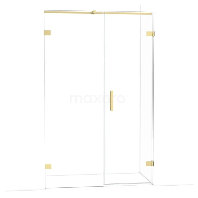 Glazen douchedeur met goudkleurige scharnieren en handgreep, modern design, ideaal als luxe toevoeging aan de badkamer.