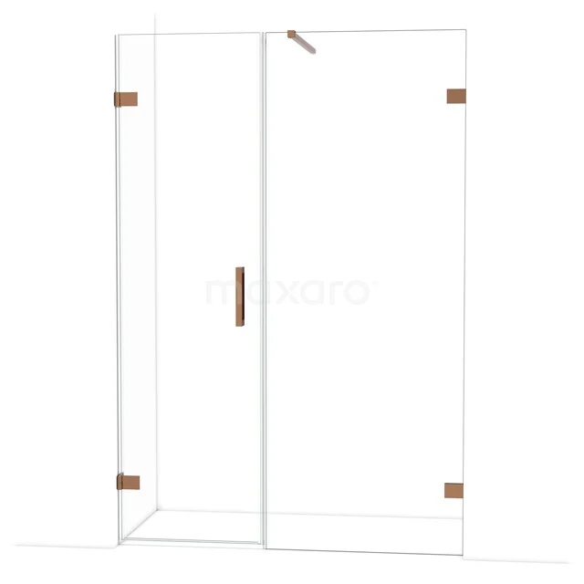 Glazen douchecabine met goudkleurige accenten, strak design, ideaal voor moderne badkamers, van duurzaam veiligheidsglas.