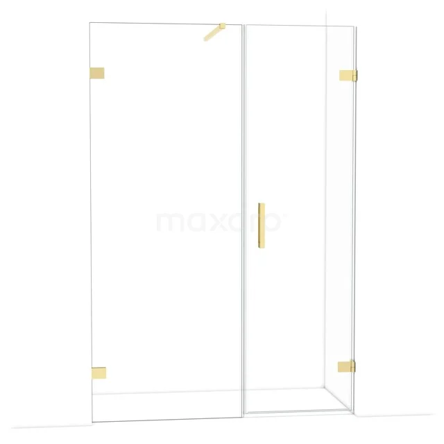 Glass shower door with gold hinges, sleek design, ideal addition for a modern bathroom.