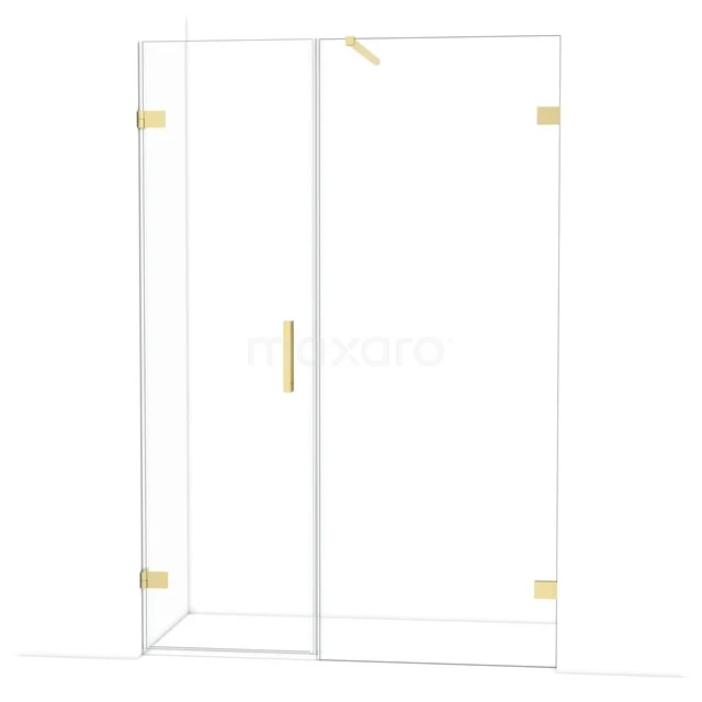 Douchecabine van glas met goudkleurige accenten, minimalistisch design, ideaal voor een moderne badkamer.