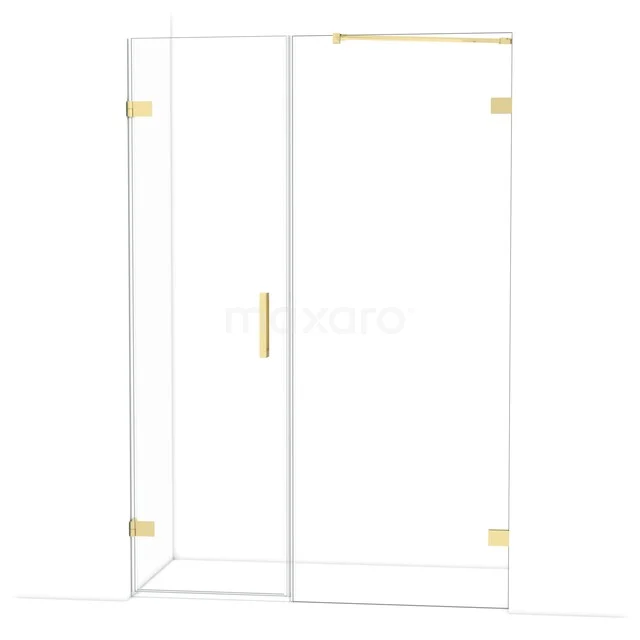 Glazen douchewand met gouden details, strak design, ideaal voor een moderne badkamer, voorzien van een handgreep.