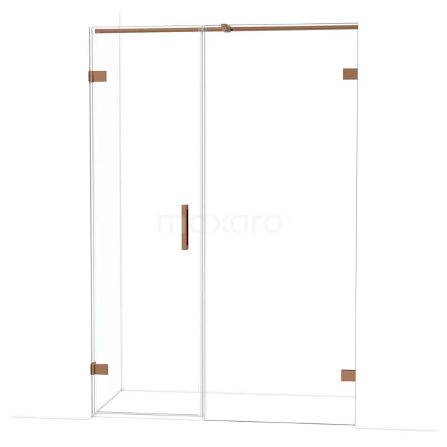 Douchecabine met schuifdeur, helderglas en koperkleurige accenten, ideaal voor een moderne badkamerstijl.