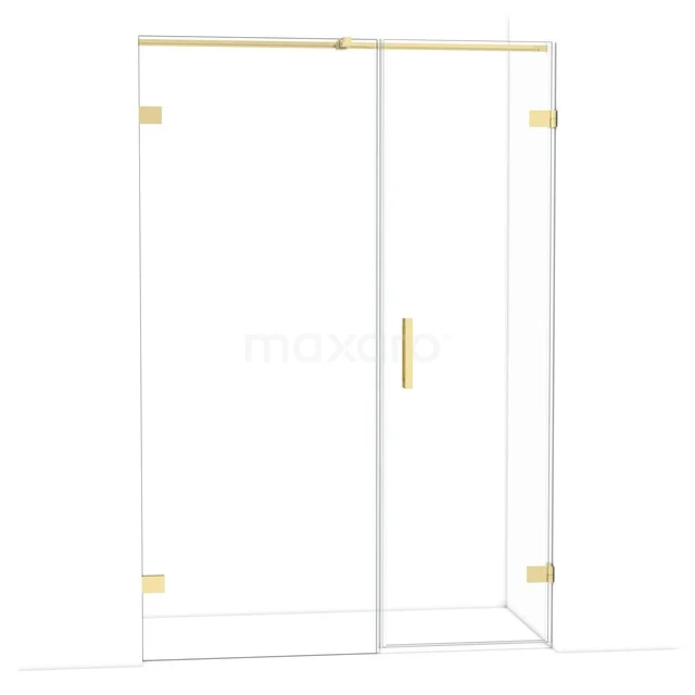 Glass shower door with gold-coloured hinges and handle, modern bathroom style.