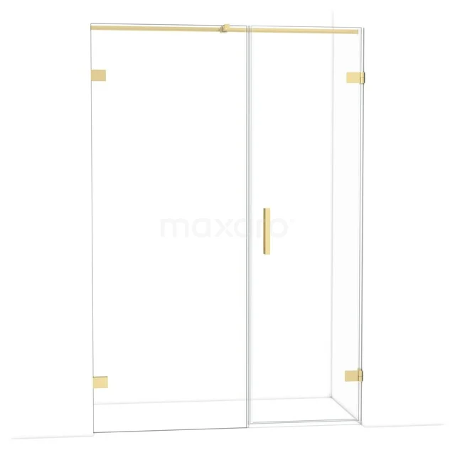 Glas Duschwand mit goldfarbenen Scharnieren und Haltegriff, geeignet für luxuriöse Badezimmer, stilvolle und moderne Ausstrahlung.