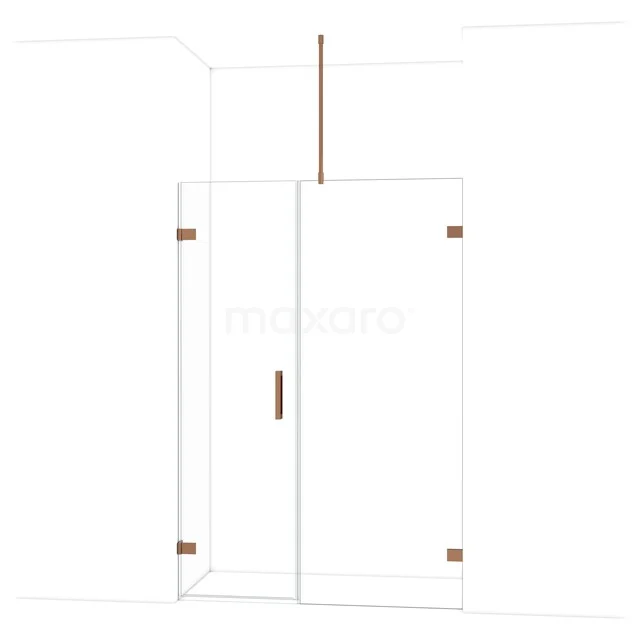 Glazen douchedeur met hoekopstelling, messing details en minimalistisch design, perfect voor een moderne badkamer.