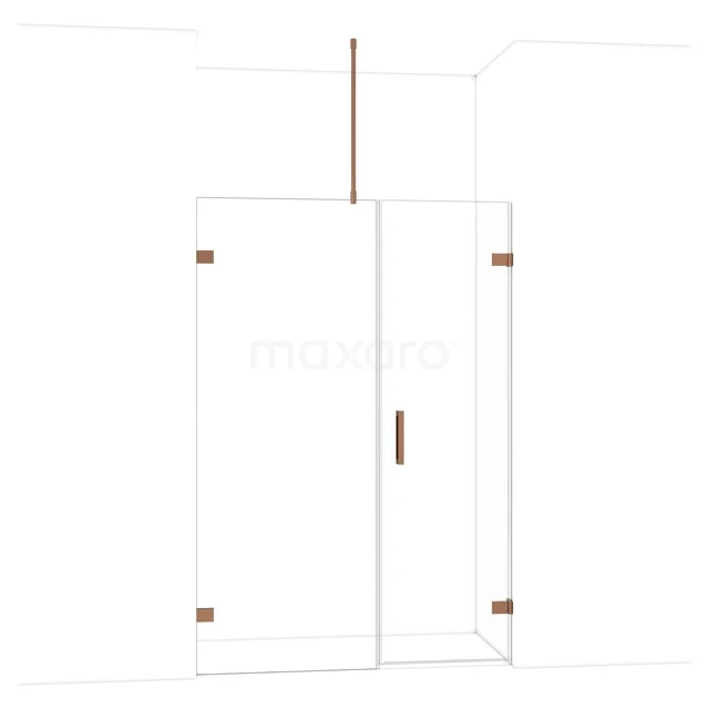 Glazen douchedeur met hoekopstelling, messing details en minimalistisch design, perfect voor een moderne badkamer.