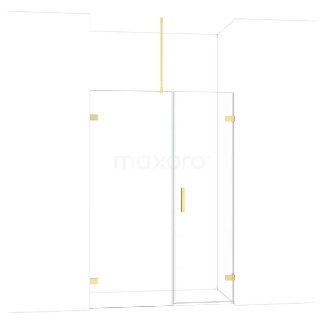 Glazen douchedeur met goudkleurige scharnieren, minimalistisch design, ideaal voor moderne badkamers.