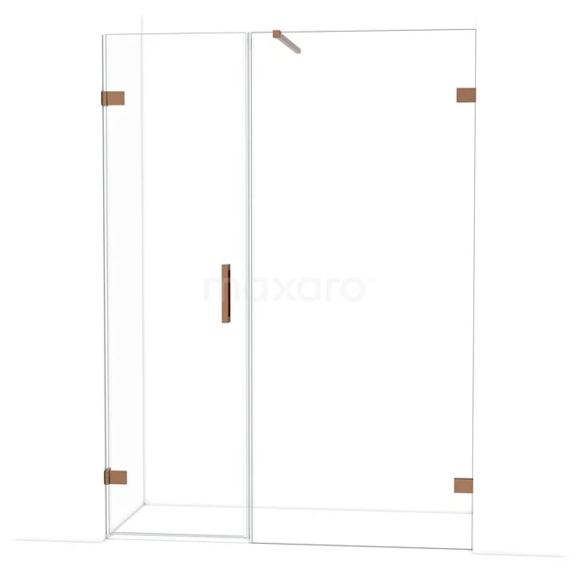 Douchewand set met transparant glas, hoekinstap en stijlvolle koperen accenten, perfect voor een moderne badkamer.
