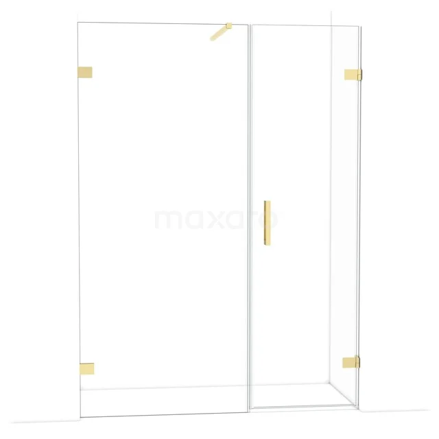 Glazen douchewand met messingkleurige accenten, frameloos design, luxe uitstraling voor een stijlvolle badkamer.