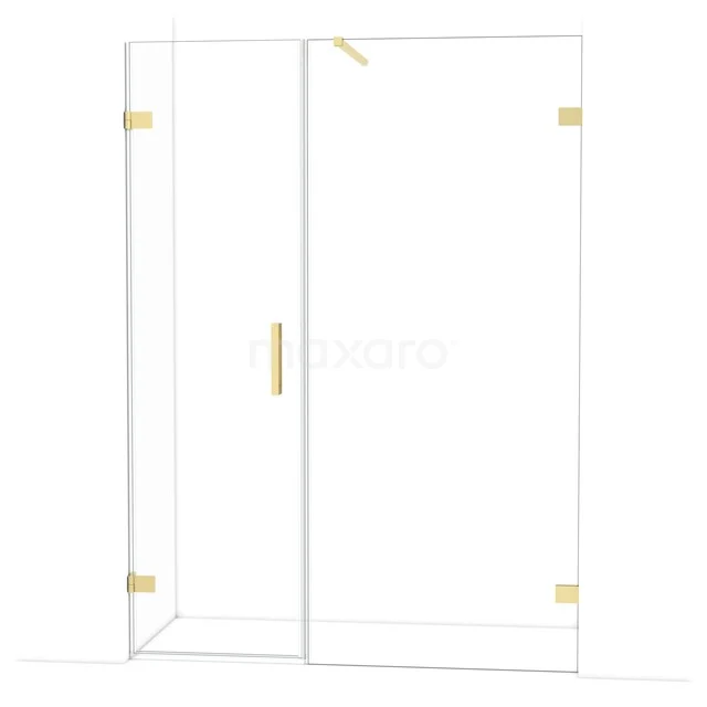 Douchedeur met goudkleurige accenten, hoekmodel van helder glas, ideaal voor een luxe en moderne badkamerinrichting.