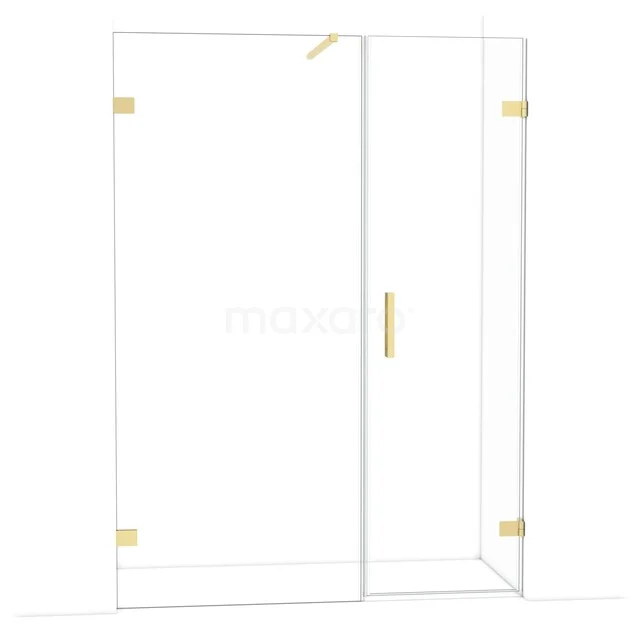 Duschtür mit goldfarbenen Akzenten, Eckmodell aus Klarglas, ideal für eine luxuriöse und moderne Badezimmergestaltung.