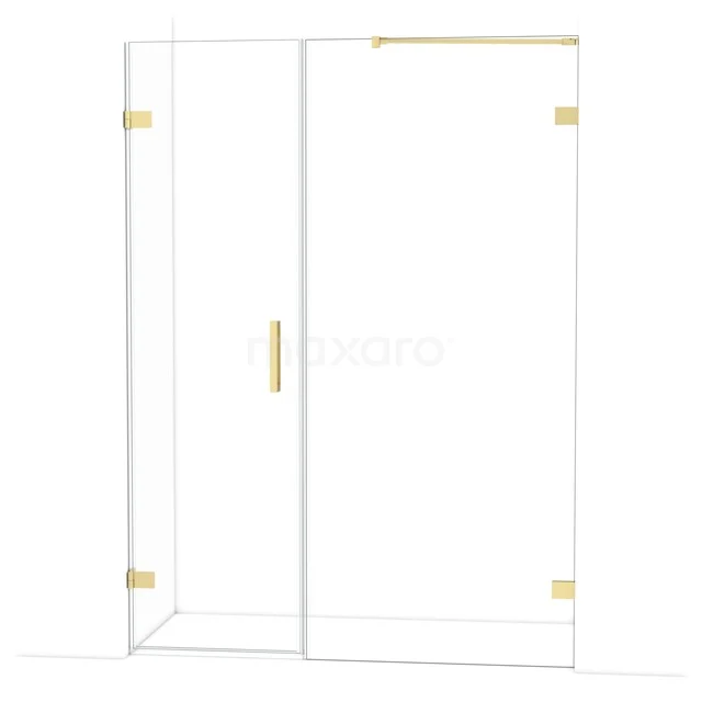 Goudkleurige douchewand met deur van helder glas en messing accenten, perfect voor een moderne badkamerinrichting.