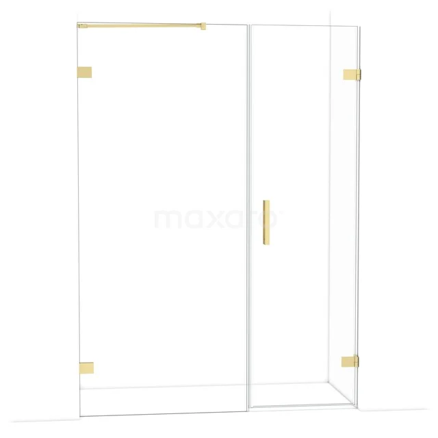 Goldfarbene Duschwand mit Tür aus Klarglas und Messingakzenten, perfekt für eine moderne Badezimmergestaltung.