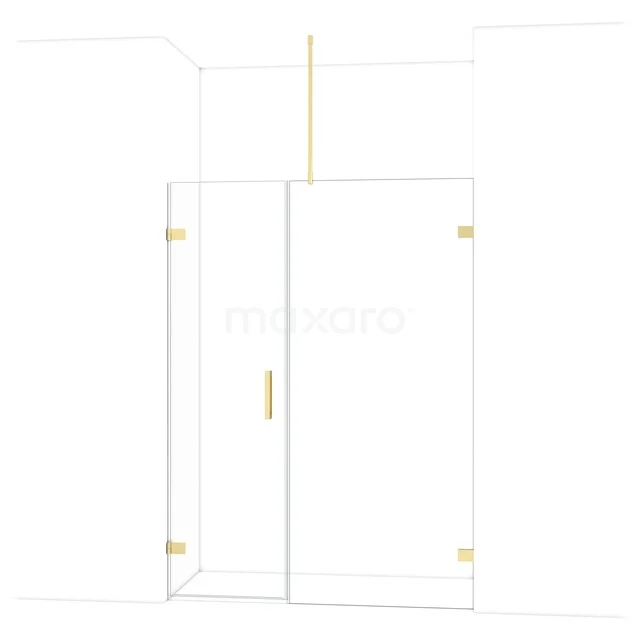 Glazen douchewand met goudkleurige scharnieren en handgreep, modern design voor een stijlvolle badkamer.