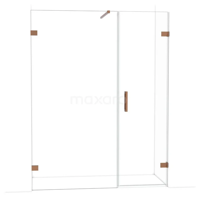 Glazen douchewand met hoekdeur, helder glas, koperkleurige scharnieren en handgreep, ideaal voor stijlvolle badkamerinrichting.