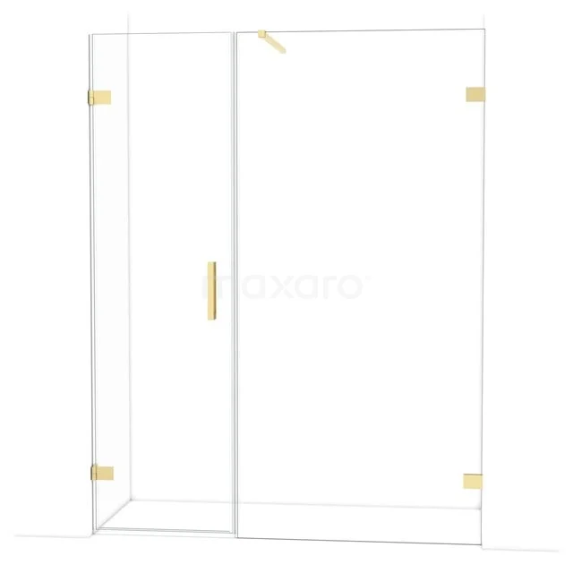 Glazen douchedeur met goudkleurige scharnieren, modern design en transparante panelen, ideaal voor een luxe badkamerstijl.