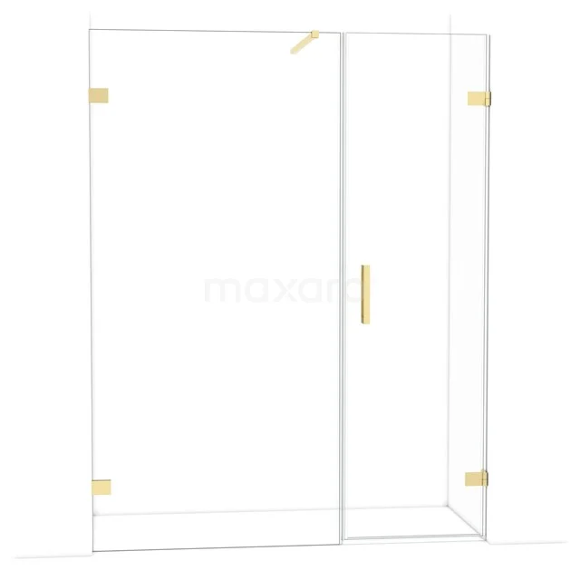 Glass shower door with gold-coloured hinges, modern design and transparent panels, ideal for a luxury bathroom style.