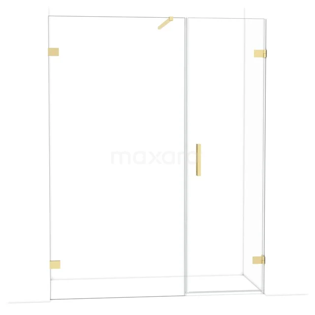 Glazen douchecabine met goudkleurige metalen scharnieren, strak design en transparante panelen, ideaal voor moderne badkamers.