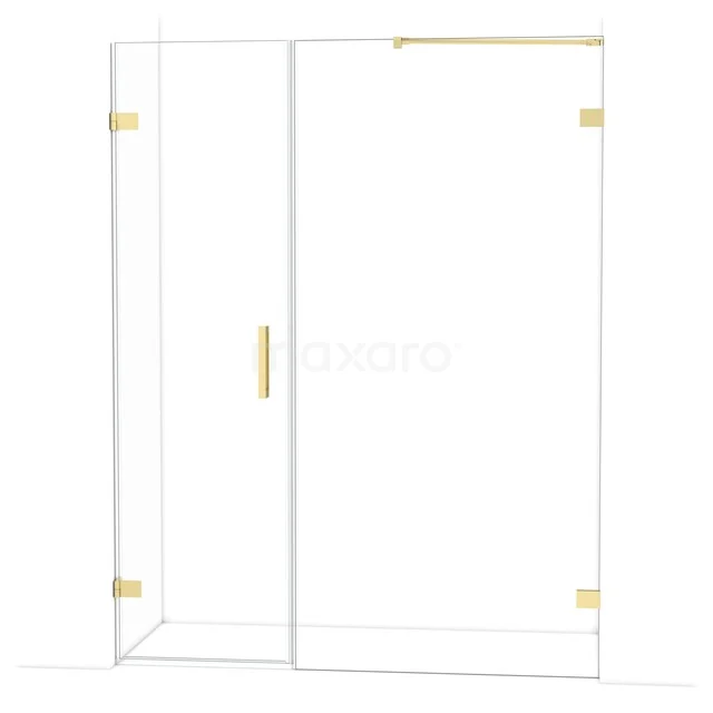 Glazen douchewand met gouden scharnieren en handgreep, modern design, perfect voor een stijlvolle en luxe badkamer.