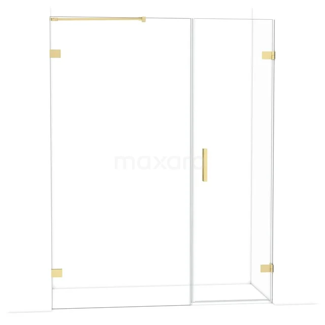 Gouden douchewand van glas met messing accenten, strak design en ideale toevoeging aan een moderne badkamer.
