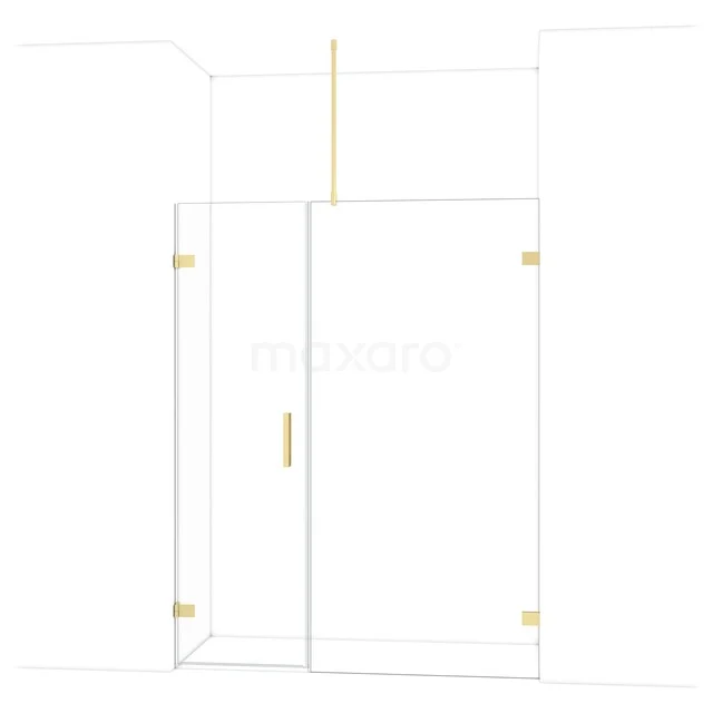 Glazen douchedeur met goudkleurige beslagdetails, strak design, perfect voor een moderne badkamer.