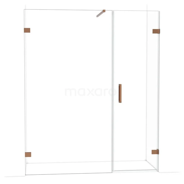 Douchewand met hoekinstap, helder glas, messing scharnieren en handgreep, modern ontwerp, perfecte toevoeging aan je badkamer.