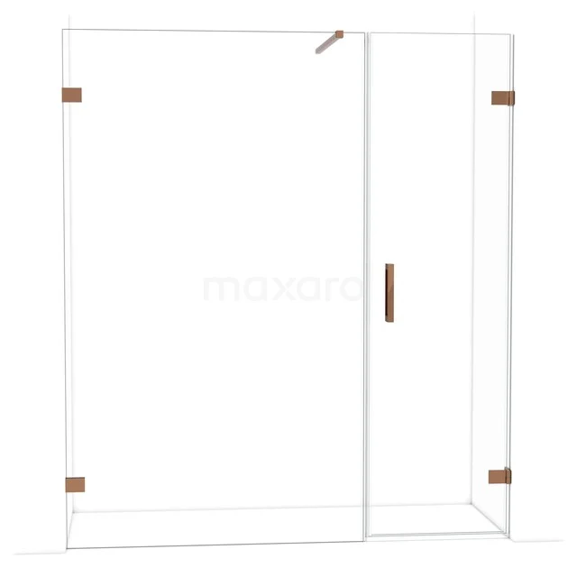 Glazen douchewand met koperkleurige scharnieren, modern design. Perfect voor een stijlvolle badkamerinrichting.