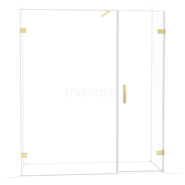 Glazen douchewand met gouden scharnieren en handgreep, modern ontwerp, perfect voor een stijlvolle badkamerambiance.
