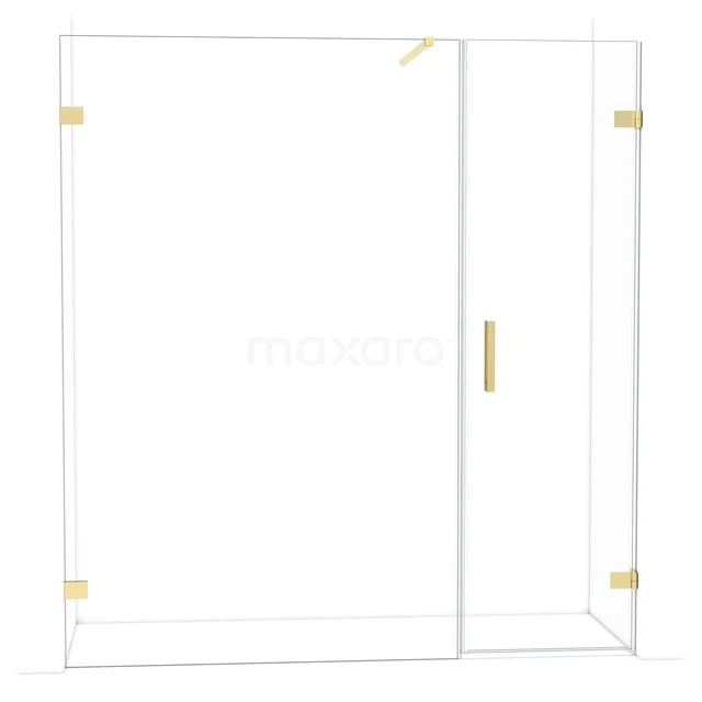 Gold-coloured shower wall with clear glass and hinges, minimalist design for a stylish bathroom decor.