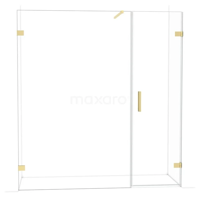 Glazen douchewand met goudkleurige details, strak design en draaideur, ideaal voor een moderne badkamerstijl.