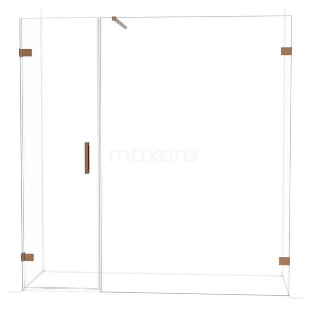 Glazen douchewand met messing accenten, moderne uitstraling, geschikt voor stijlvolle badkamerinrichting.