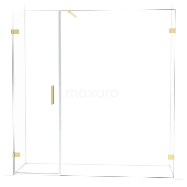 Glazen douchewand met gouden metalen accenten, rechthoekig design, ideaal voor een moderne badkamerstijl.