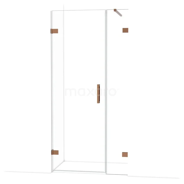 Glazen douchedeur met roestvrijstalen scharnieren en handgreep, modern design, ideaal voor een stijlvolle badkamer.