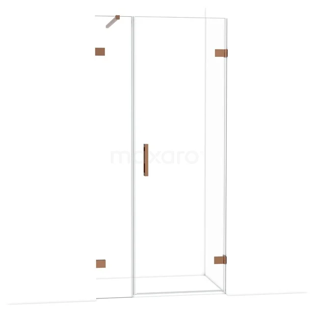 Glass shower door with stainless steel hinges and handle, modern design, ideal for a stylish bathroom.