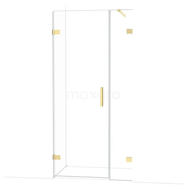Douchedeur van helder glas met goudkleurige scharnieren en handgreep, perfect voor een luxe badkamerstijl.
