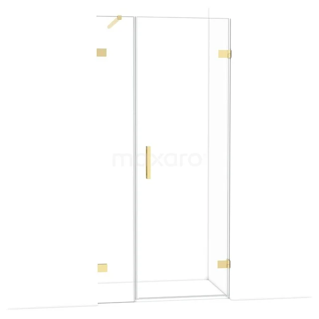 Shower door made of clear glass with gold-coloured hinges and handle, perfect for a luxury bathroom style.
