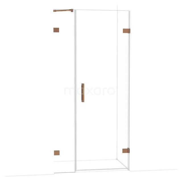 Douchecabine van helder glas met koperkleurige accenten, strak design, ideaal voor een moderne badkamer.