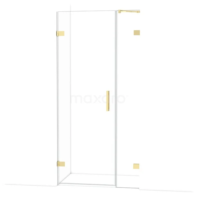 Douchewand van helder glas met goudkleurige scharnieren en handgreep, luxe badkamerdesign voor moderne uitstraling.