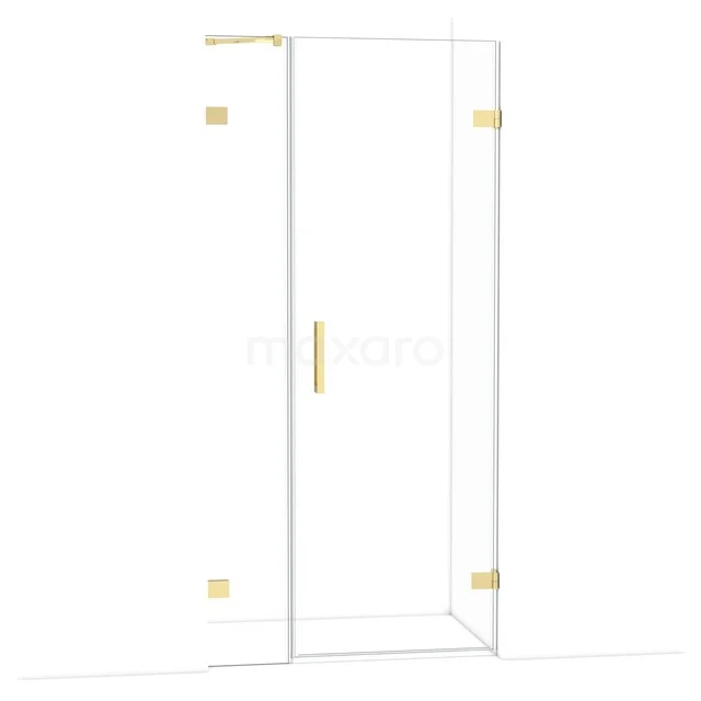 Duschwand aus Klarglas mit goldfarbenen Scharnieren und Haltegriff, luxuriöses Badezimmerdesign für moderne Ausstrahlung.