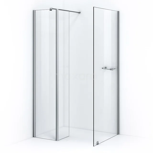 Corner shower cabin with clear glass, minimalist design and aluminium profiles, ideal for a modern bathroom.