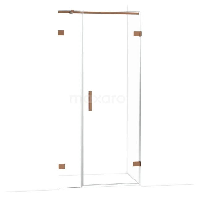 Glazen douchedeur met koperkleurige accenten, moderne uitstraling, geschikt voor luxe badkamerinrichting.