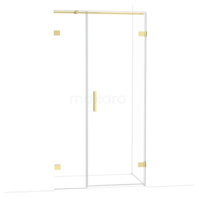 Glass shower door with gold-coloured hinges and handle, modern design, ideal for luxury bathroom interiors.