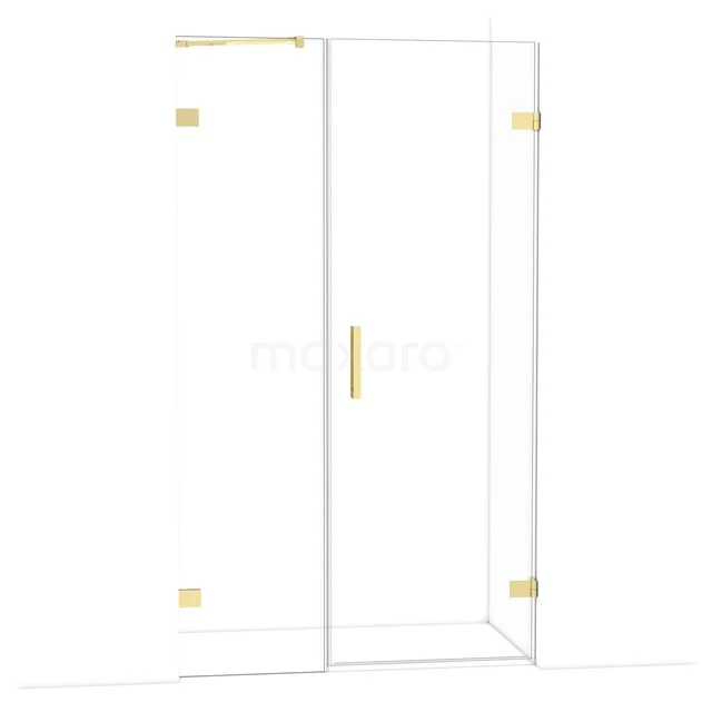 Glazen douchecabine met gouden accenten, modern ontwerp, ideaal voor een luxe badkamerervaring.