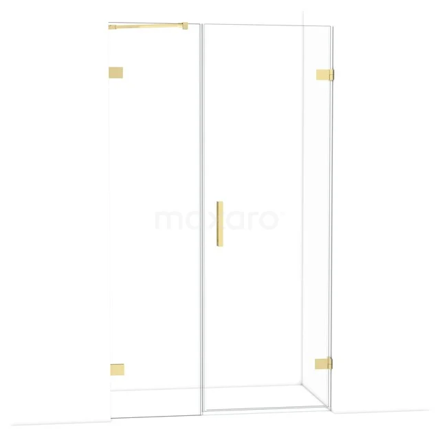 Duschtür aus Klarglas mit goldfarbenen Scharnieren und Haltegriff, modernes Design für ein luxuriöses Badezimmer.