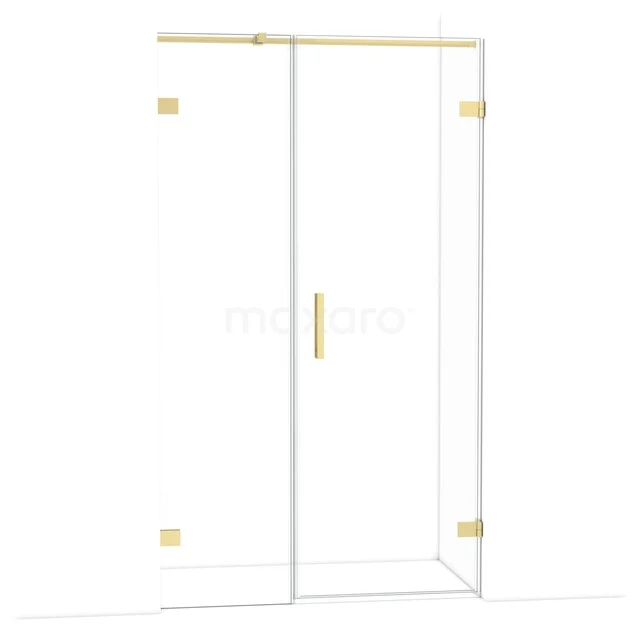 Glazen douchedeur met gouden scharnieren en handgreep, modern design voor een stijlvolle badkamer.