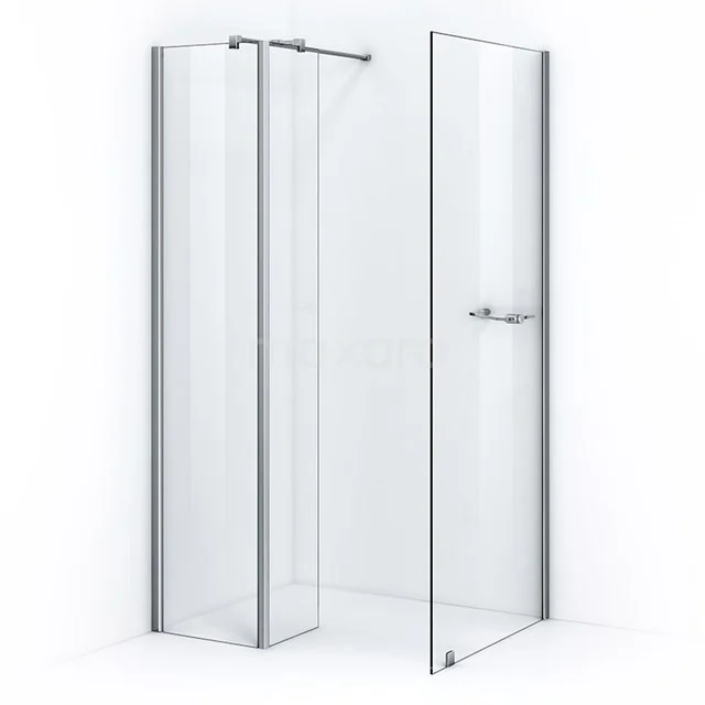 Shower enclosure with door and side wall, clear glass, chrome profile, modern design; ideal for any bathroom.