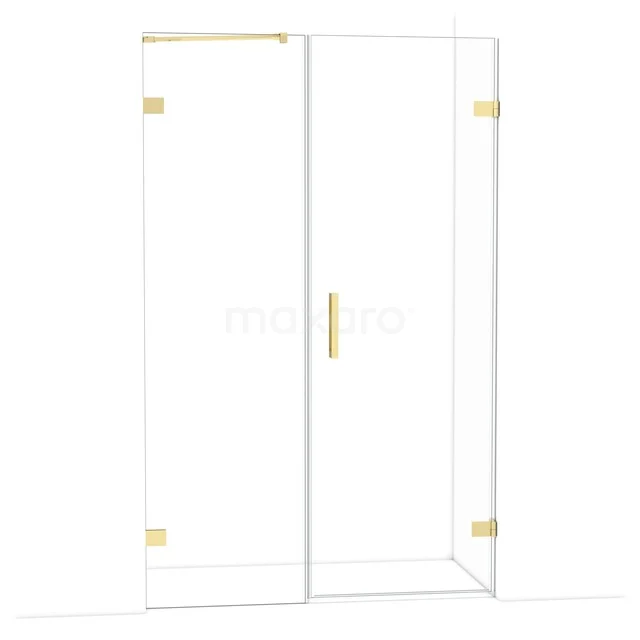 Glas Duschkabine mit Gold Details, Klarglas und minimalistischem Design, ideal für ein luxuriöses Badezimmerinterieur.